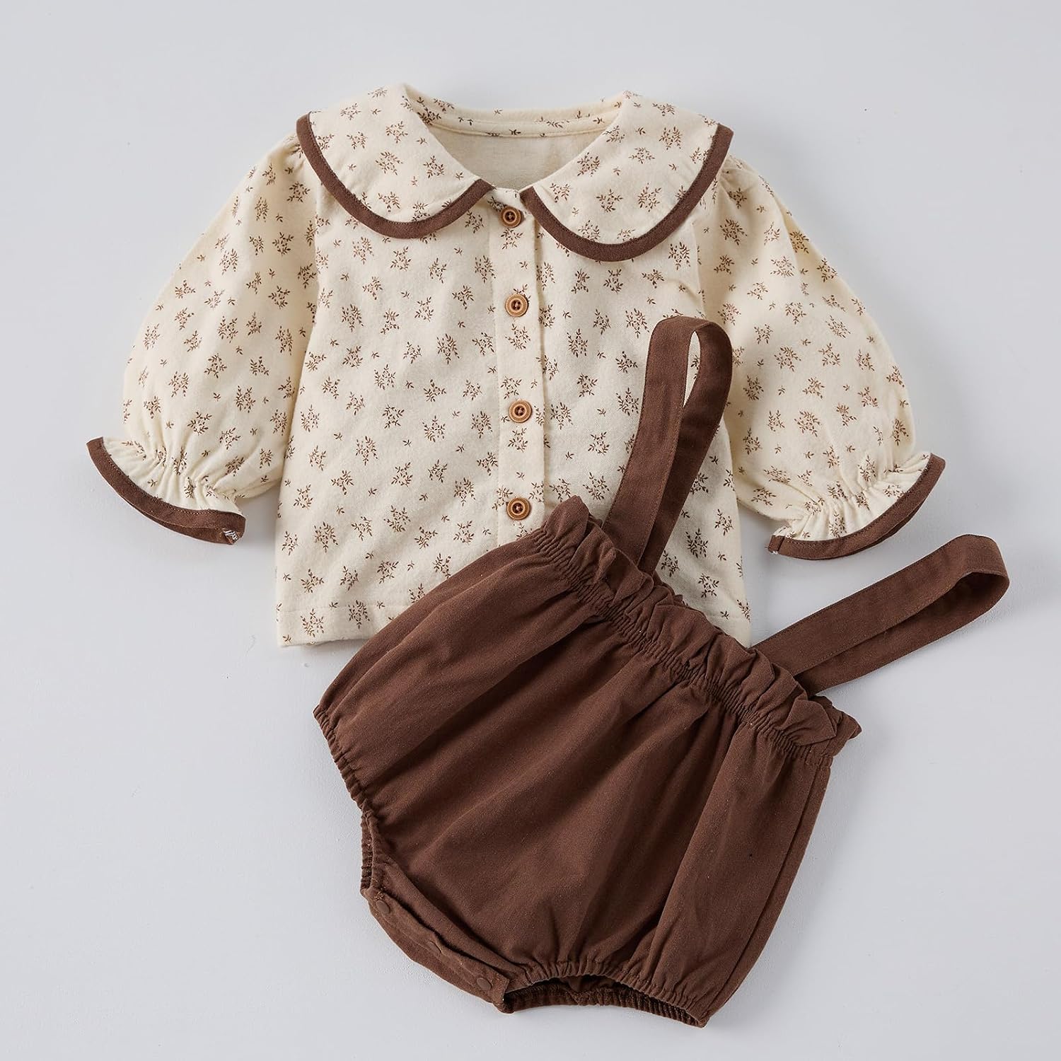 2-Piece Baby Girl Outfit - Long-Sleeve Peter Pan Collar Top & Suspender Romper for Outdoor Wear