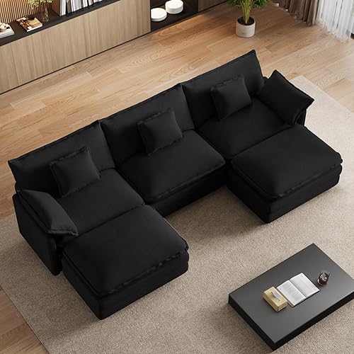 114" U Shaped Cloud Couch Sectionals Oversized Sectional Couches for Living Room Modular Couch, Large Velvet Cloud Sofa with Movable Ottoman, Black