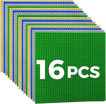 Classic Baseplates Building Plates-10" x 10" Building Boards,100% Compatible with All Major Brands and Activity Table, Creative Platforms Mats for Toy Bricks Sand Green Gray Blue, 16 Pack