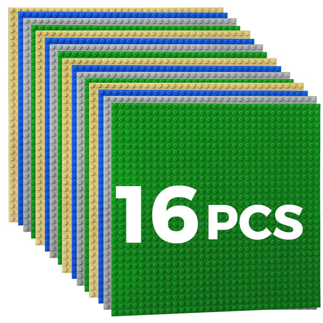 Classic Baseplates Building Plates-10" x 10" Building Boards,100% Compatible with All Major Brands and Activity Table, Creative Platforms Mats for Toy Bricks (Sand Green Gray Blue, 16 Pack)