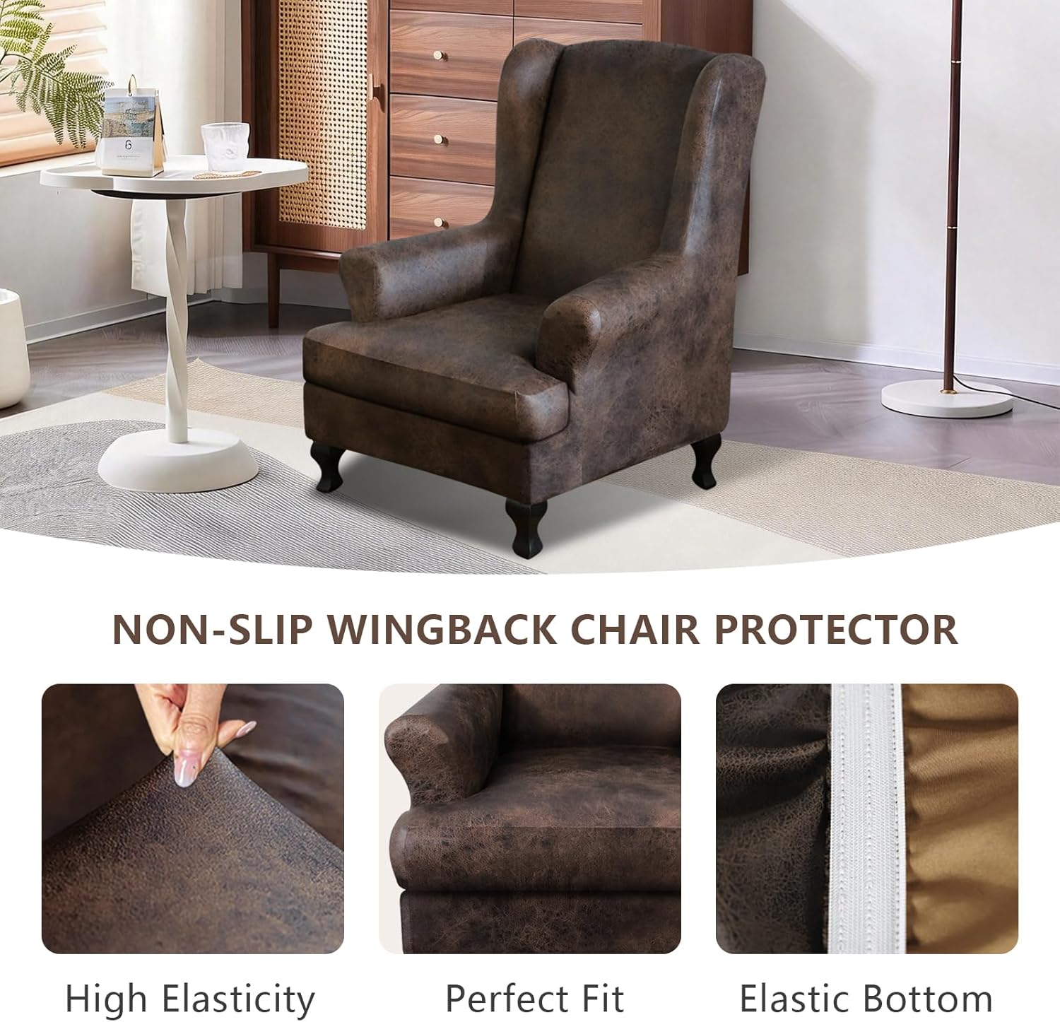 Leather Look Wingback Chair Covers, 2-Piece Wing Chair slipcover, Stretch Wing Back Armchair Slipcovers with Elastic Bottom, Soft Spandex Furniture Protector for Living Room, Brown