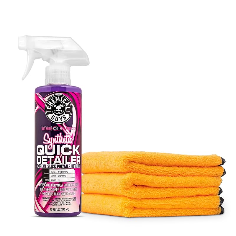 Chemical Guys WAC21116 Quick Detailer Sintético para Brilho Automotivo, Frasco de 473 mL com 3 Toalhas de Microfibra Premium MIC_506_03 Douradas de 40,6 x 40,6 cm
