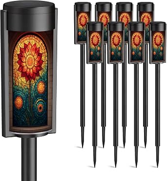 8 Pack Solar Pathway Lights Outdoor Waterproof Magnificent Lotus Flower Stained Glass Window Mandala Patterns Solar Garden Lights LED Landscape Lighting for Yard Walkway Lawn Garden Decor