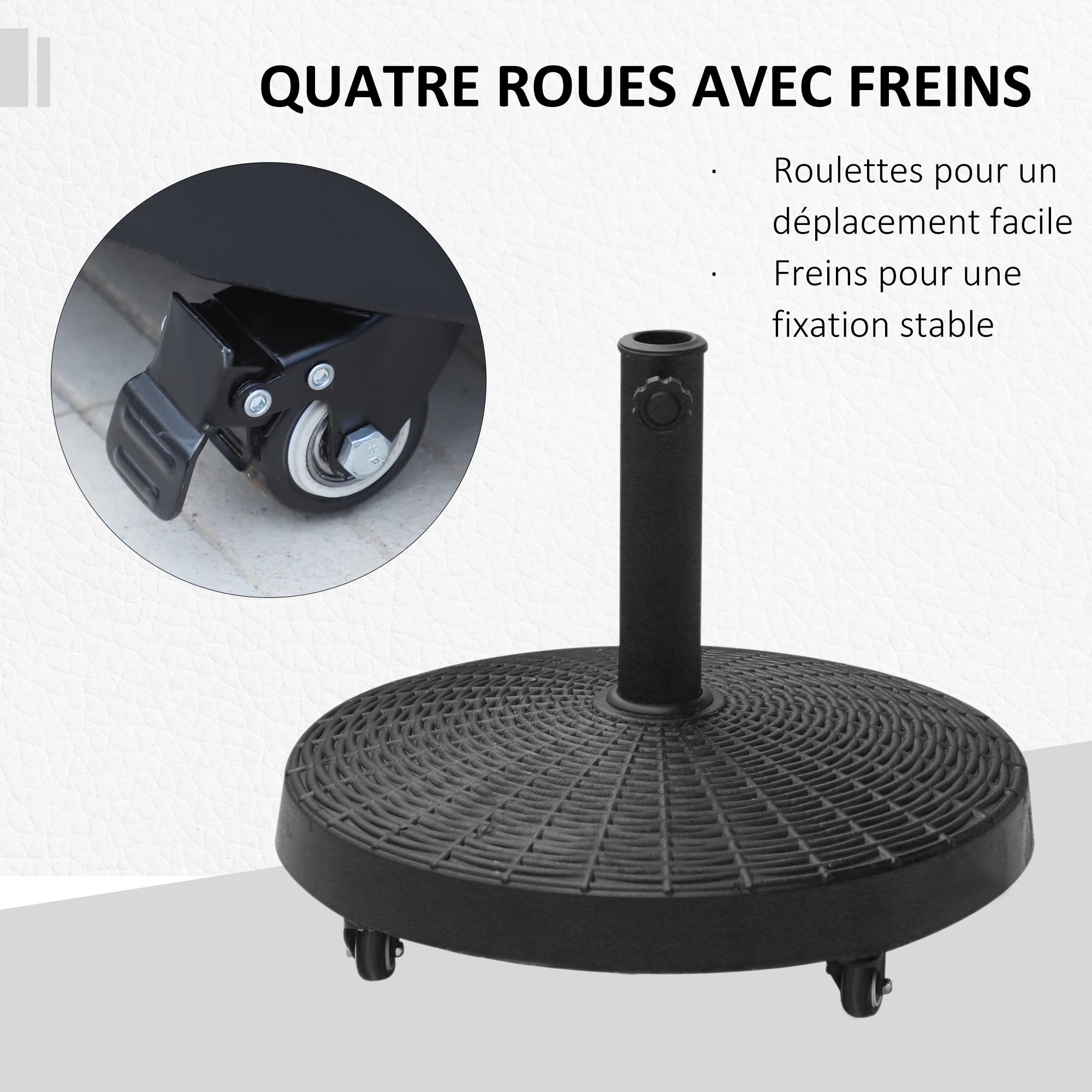 Outsunny Pied de Parasol Base de lestage Rond Poids Net 22,7 kg en résine avec 4 roulettes - dim. Ø 52 x 41H cm - Noir