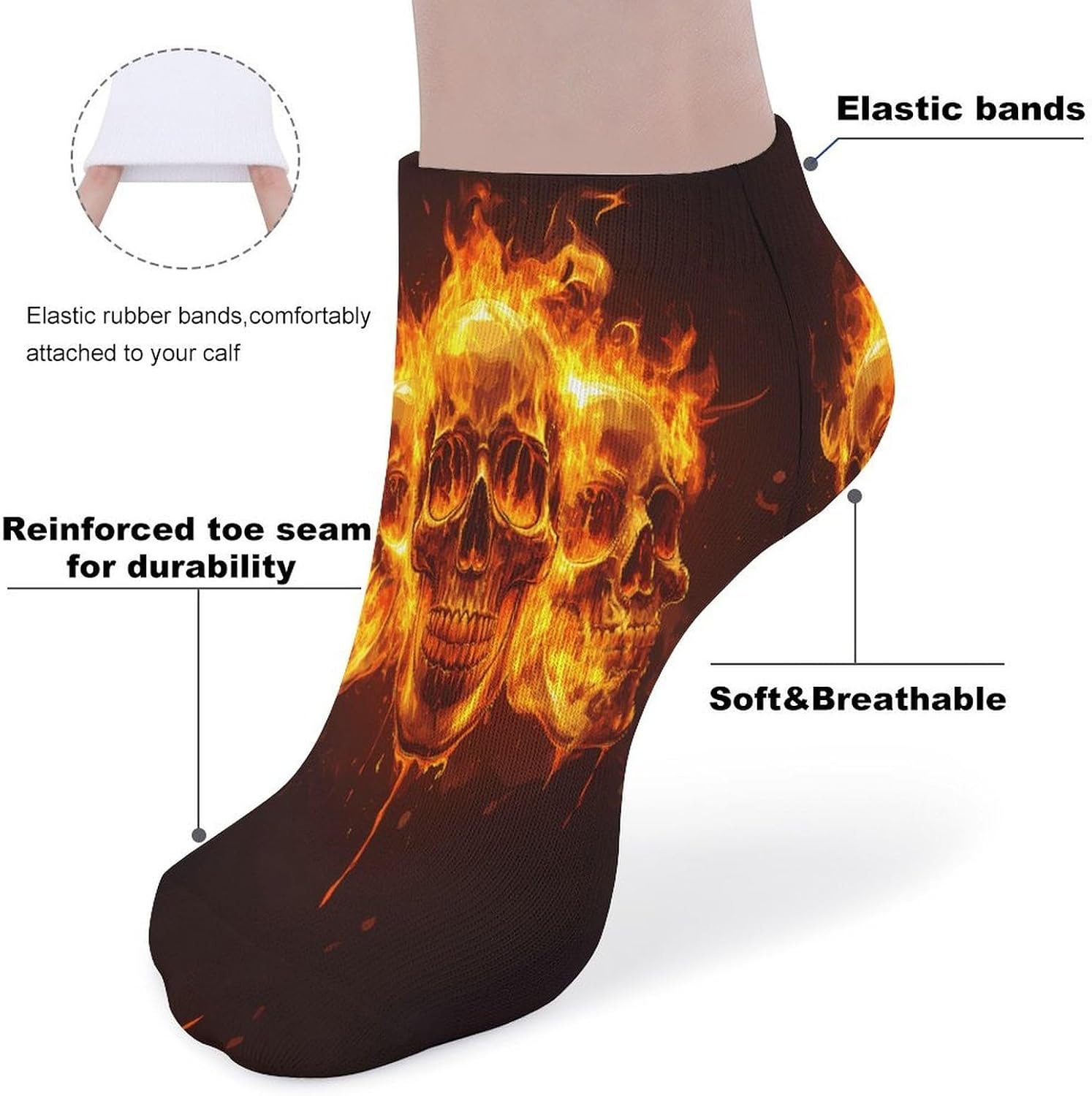 Skull And Flame 5 Pairs Low Cut Ankle Socks Casual Liner Sock No Show Invisible Socks for Men Women