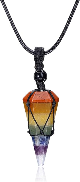Jovivi 7 Chakra Healing Crystal Stone Necklace Natural Gemstone Pendant Necklace Hexagonal Pointed Stone Necklace Adjustable Black Rope Reiki Quartz Jewelry for Women Men