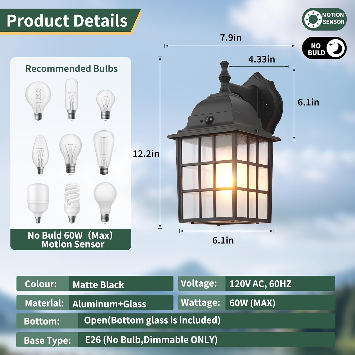 Motion Sensor Dawn to Dusk Sensor Outdoor Wall Light Fixtures Waterproof Anti-Rust Exterior Lighting Fixtures Black Outdoor Wall Lantern for Porch House