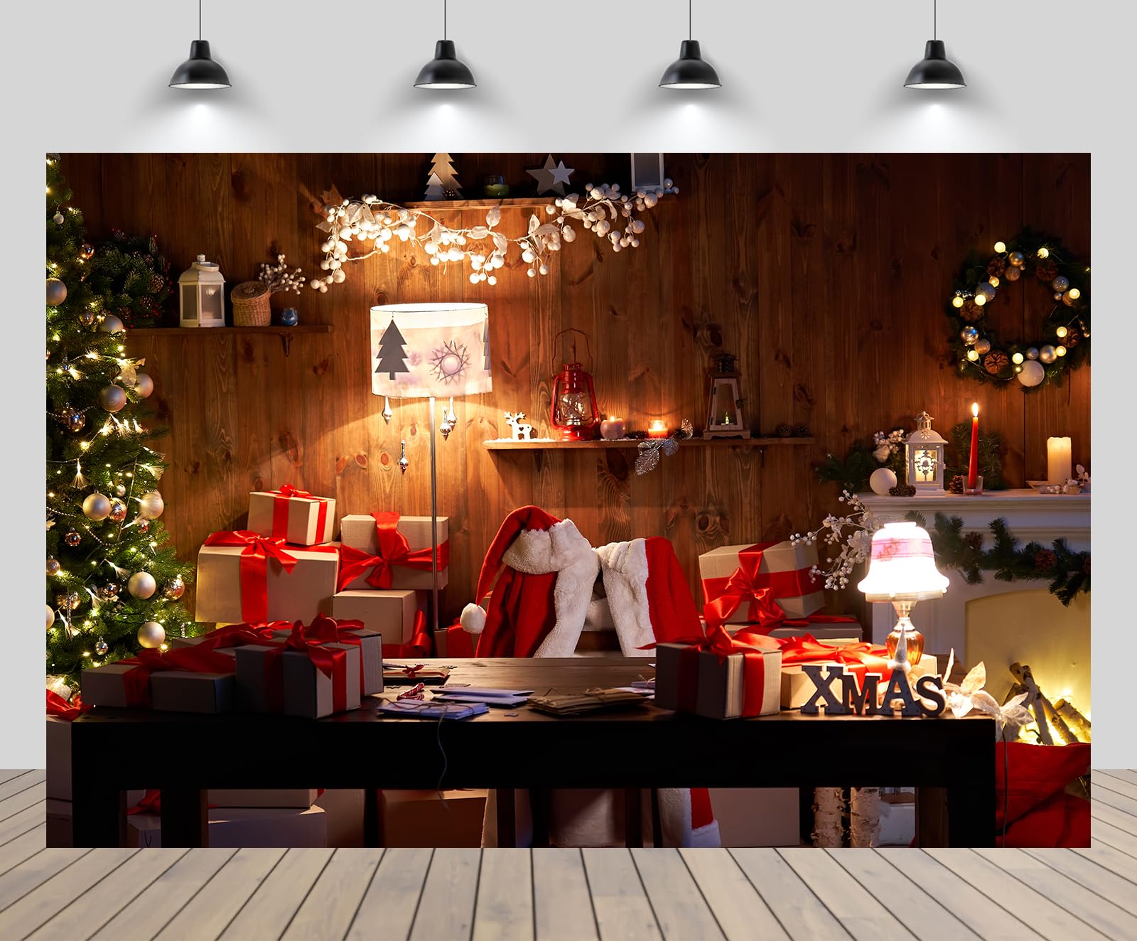 chnywork 7x5ft Santa Claus Room Backdrop Christmas Tree Fireplace Gifts Box Xmas Letters Wooden Table Background Christmas Eve New Year Party Decor
