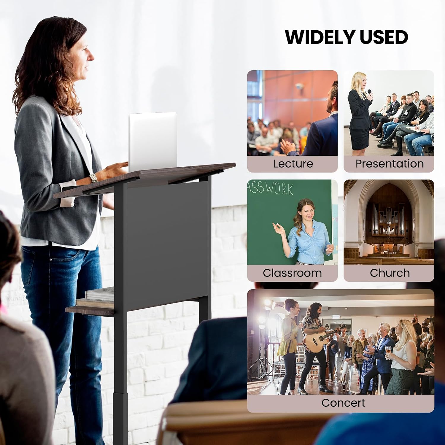 Giantex Mobile Podium Stand, Adjustable Rolling Laptop Desk with 4 Wheels & Tilting Desktop, Sit-to-Stand Lectern Podium Standing Desk w/Storage Shelf & Cable Hole for Classroom Church Home Office (1)