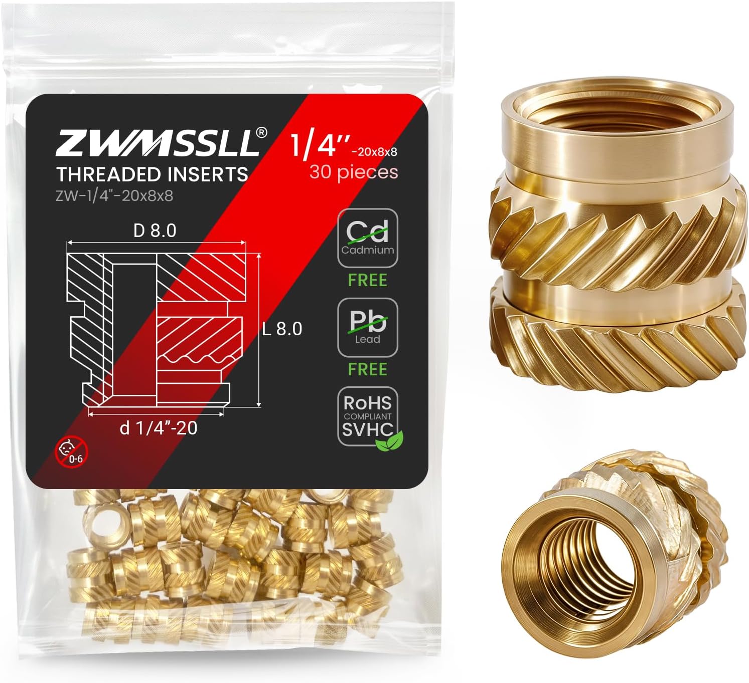 1/4"-20 Heat Set Threaded Inserts,30 Pieces 1/4"-20x8x8 Heat Set Insert for 3D Printing Components and Plastic Parts,Brass Knurled Nuts