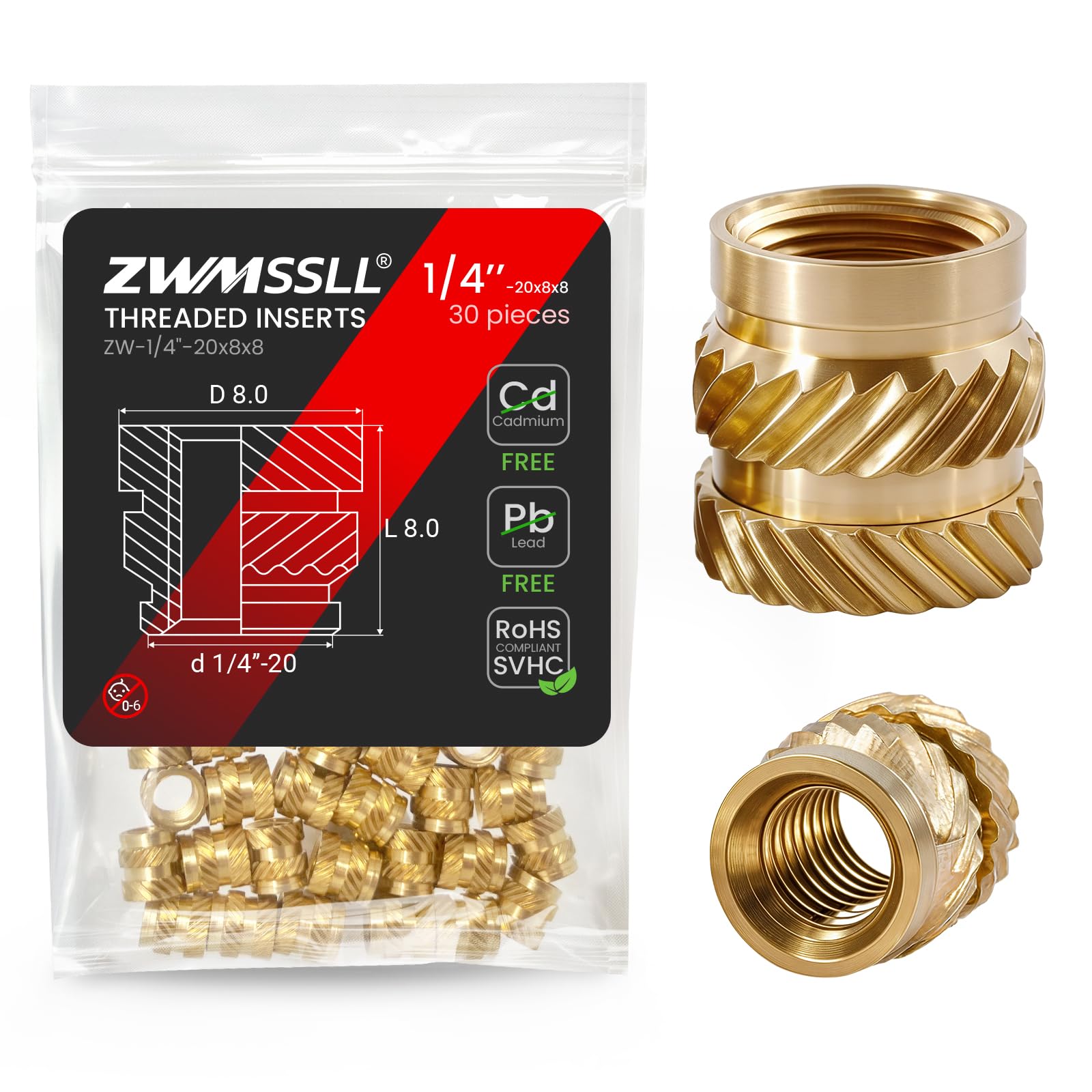 1/4"-20 Heat Set Threaded Inserts,30 Pieces 1/4"-20x8x8 Heat Set Insert for 3D Printing Components and Plastic Parts,Brass Knurled Nuts