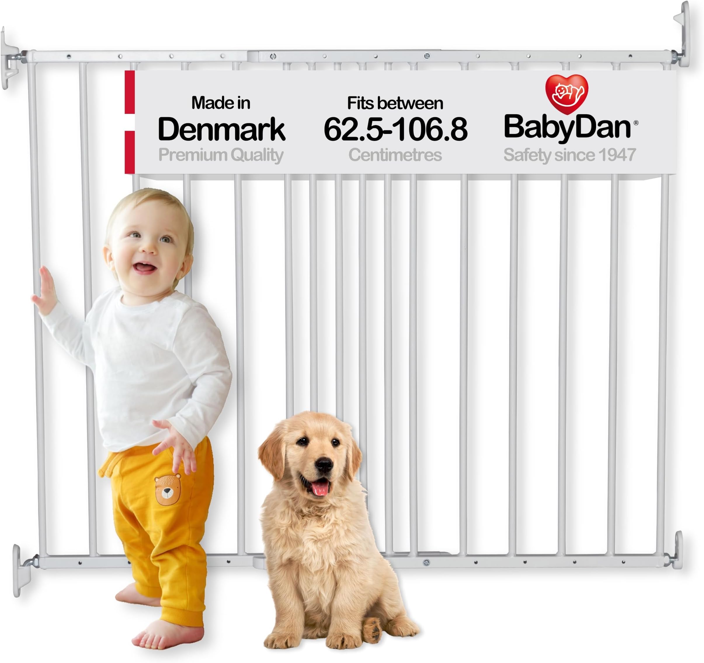 BabyDan Copenhagen Extending Metal Safety and Stair Gate. Fits Spaces White. Multi use. Made in Denmark, White, 62.5cm - 106.8cm