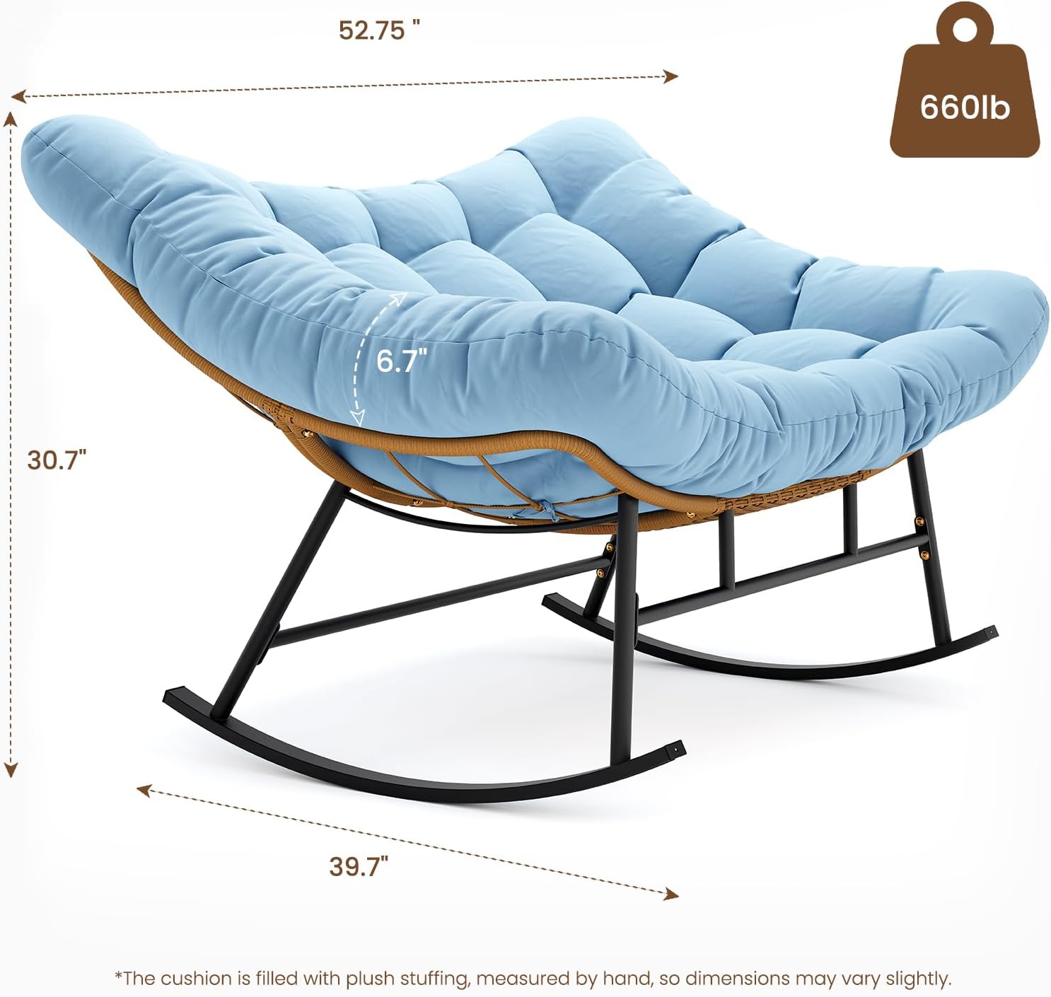 Sikaic Oversized Double Outdoor Papasan Rocking Chair, Egg Rocker with High Back Water Resistant Cushion, Rustproof & UV Resistant PE Wicker Patio Chair for Porch, Garden, Living Room, Sky Blue