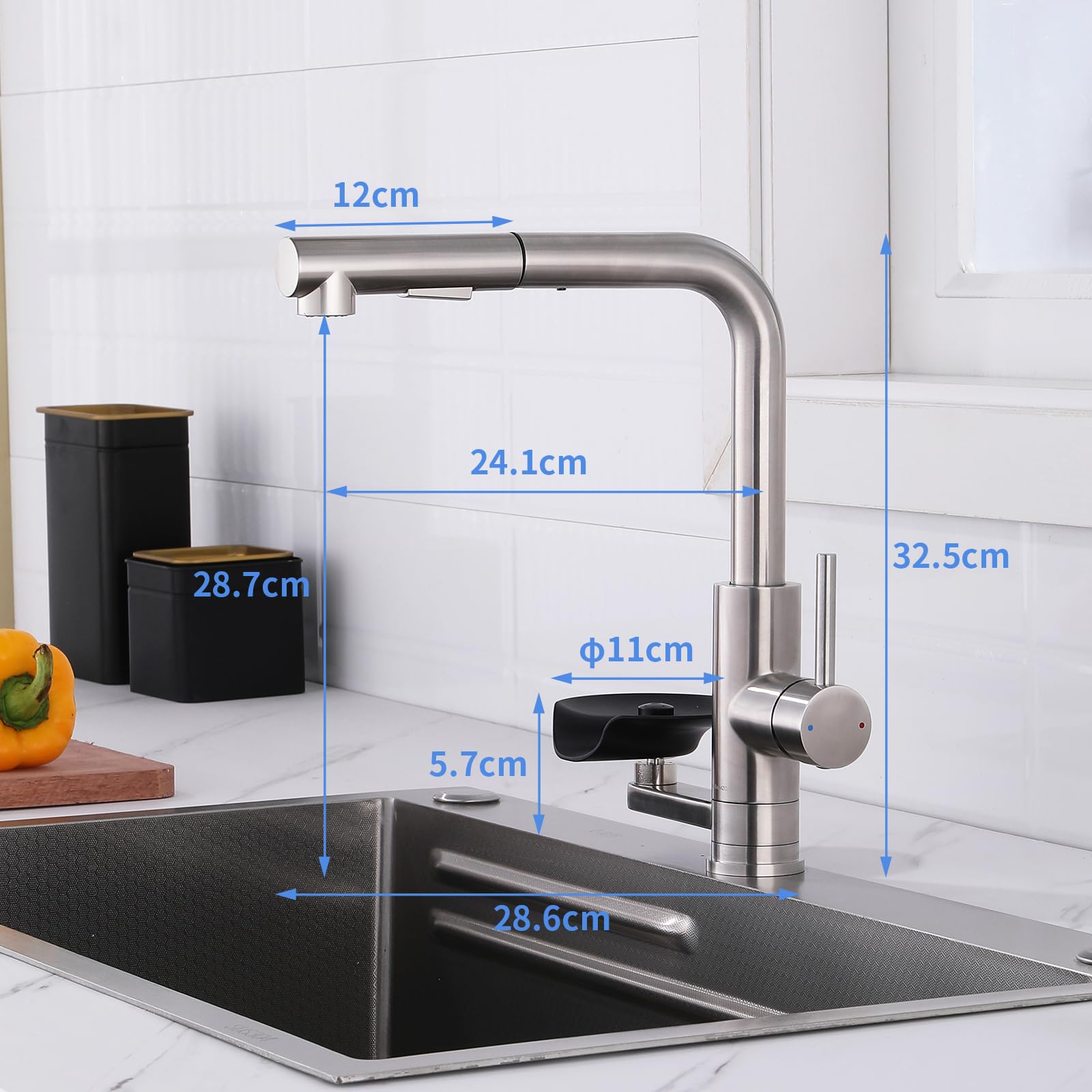 Wasserhahn Küche Ausziehbar Küchenarmatur mit Glasspüler, Dual-Auslauf | LakeBayMZC Küchenarmaturen Armatur Küche Mischbatterie Spültischarmatur, 360°-Drehung, 304 Edelstahl Gebürstet Silber