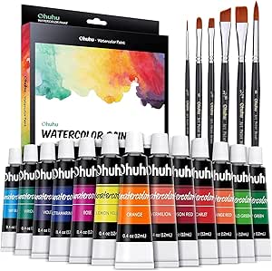 Ohuhu Akvarellfärgset, 12 ml × 24 färger akvarellfärger med 6 målarpenslar, rik på färgpigment och snabbtorkande, för konstnärer och nybörjare