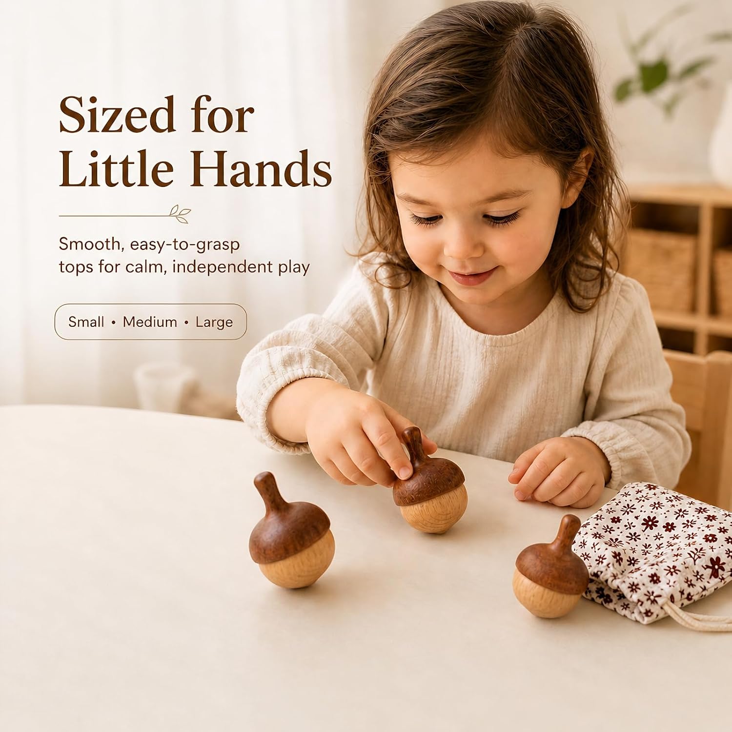 Wooden Spinning Tops Acorn Toy | 3 Pcs Wood Tops Made from Sapele and Beech Hardwood with Cotton Drawstring Storage Bag | Smooth & Safe for Toddlers Skill Play and Travel, Gift-Ready