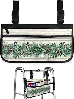 Christmas Pine Wheelchair Side Bag Walker Bag, Green Xmas Pine Cones on Wood Wheelchair Accessories Armrest Pouch, Organizer Storage Bag for Walkers, Rollators, Scooters, 7.3'x13'