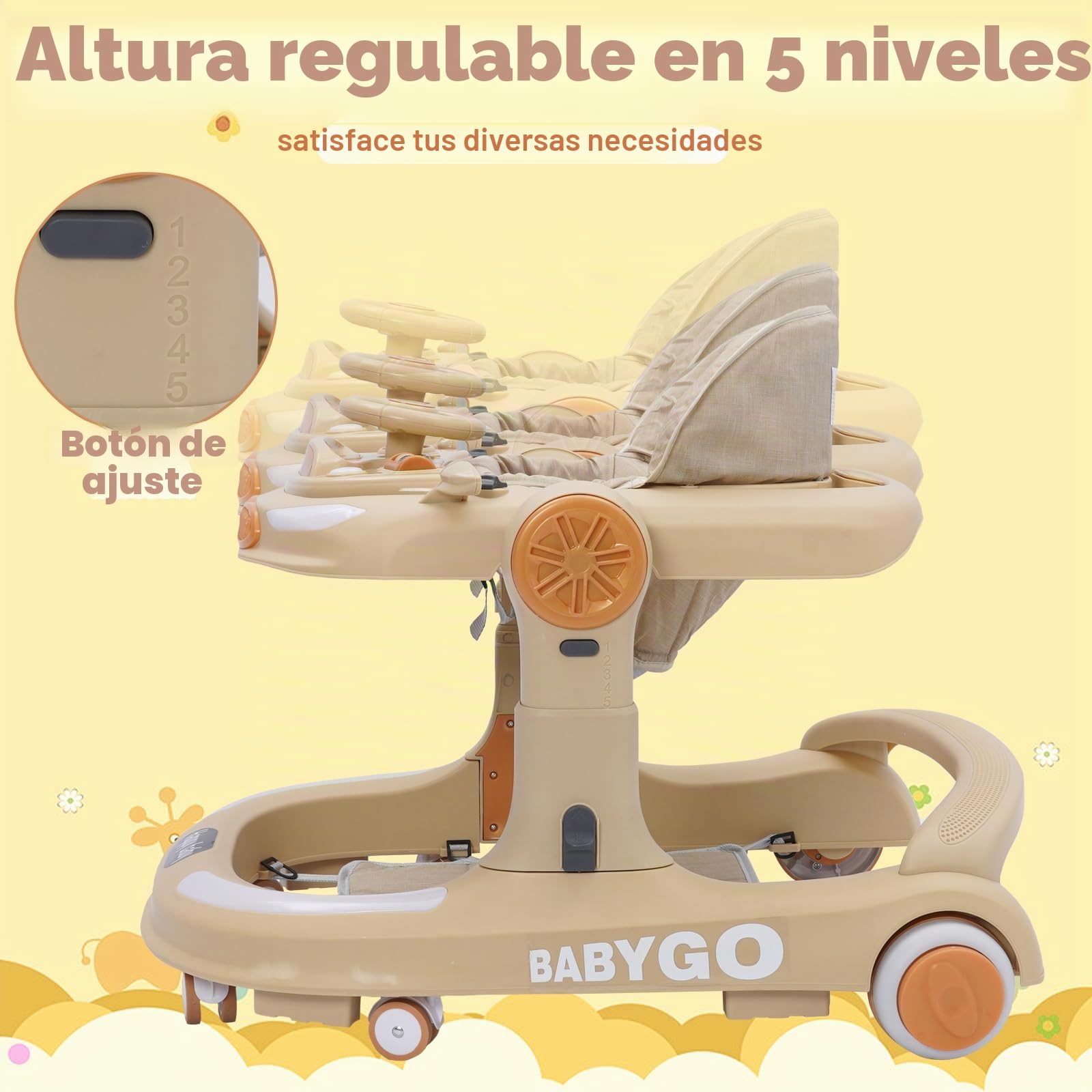 Andador Bebe 4 en 1, Carrito Bebes Plegable con Altura Ajustable y Musical Bandeja, Alfombrilla Suelo y Freno, Diseño Anticolisión, Correpasillos para Bebe 6-12 Meses