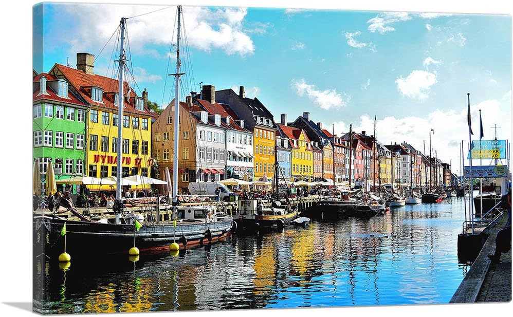 ARTCANVAS Copenhagen Denmark Nyhavn District Canvas Art Print Stretched Framed Painting Picture Poster Giclee Wall Decor - 18" x 12" (0.75" Deep)