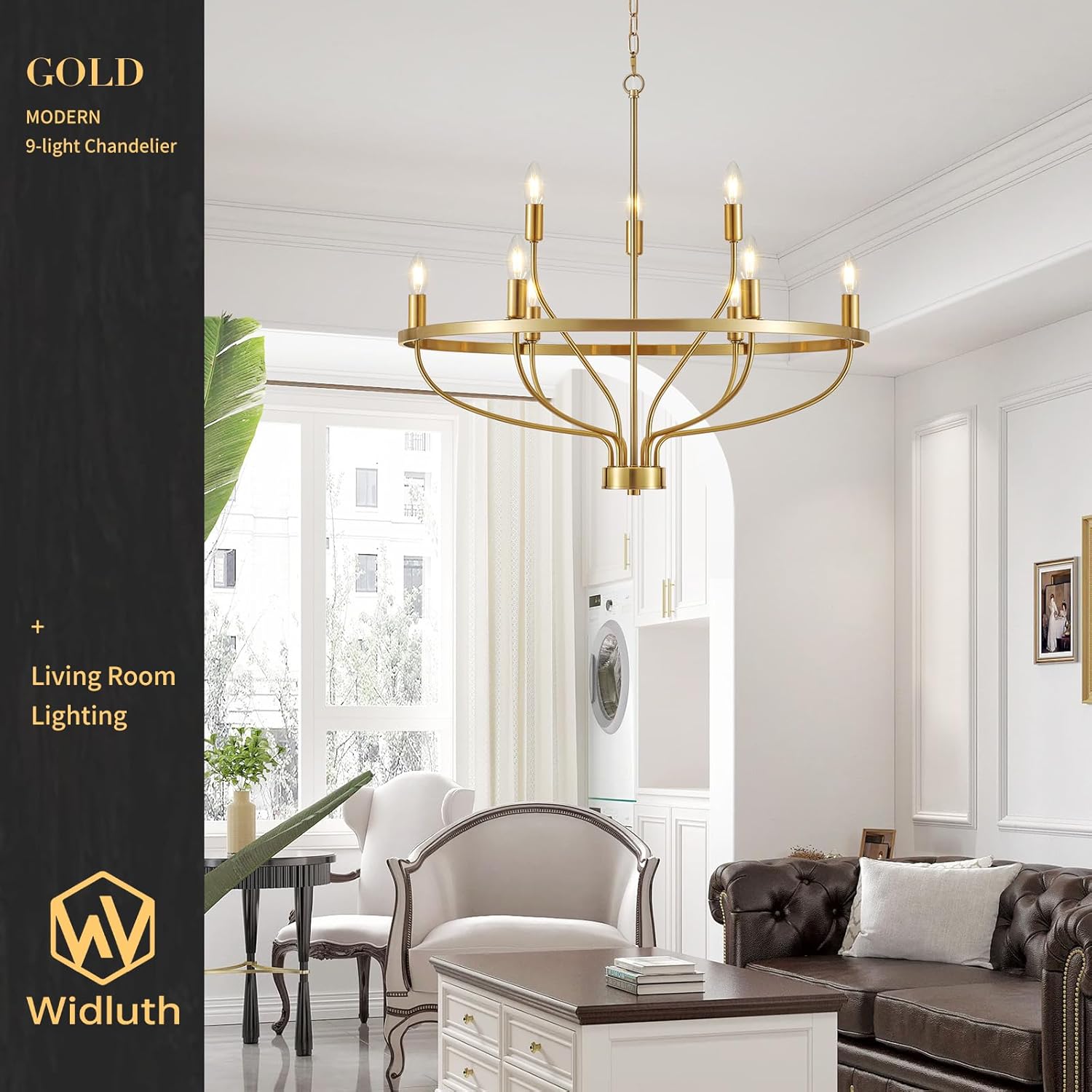 30" Modern Gold Chandelier Light Fixture Vintage 9-Lights Mid Century Modern Candle Style Chandeliers Rustic Industrial Golden Chandelier for Dining Room, Kitchen Island, Living Room, E12