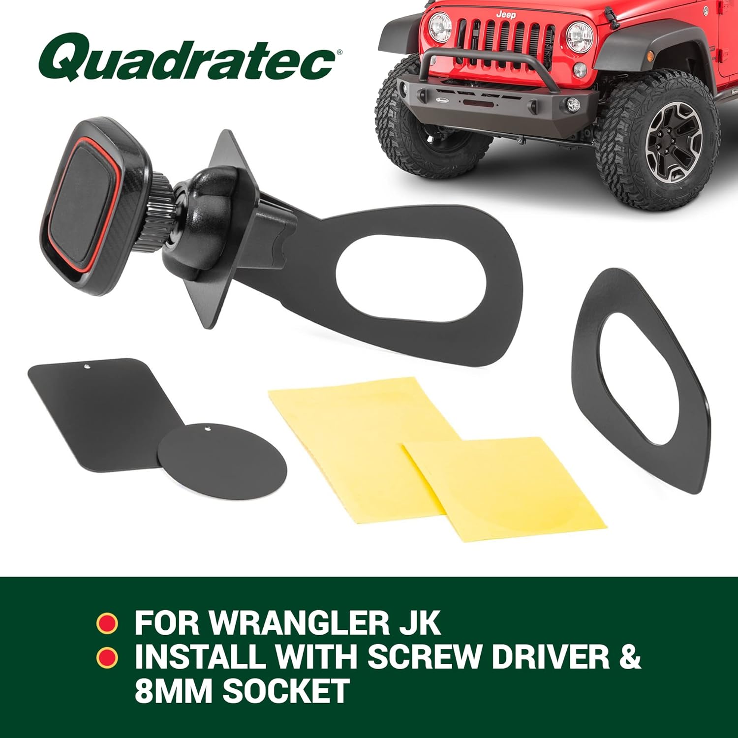 Quadratec Magnetic Grab Handle Phone Mount - Fits Jeep Wrangler JK & JK Unlimited 2011-2018 - Securely Attaches to Your Dash Grab Bar - Bolt-On Installation (11-18)