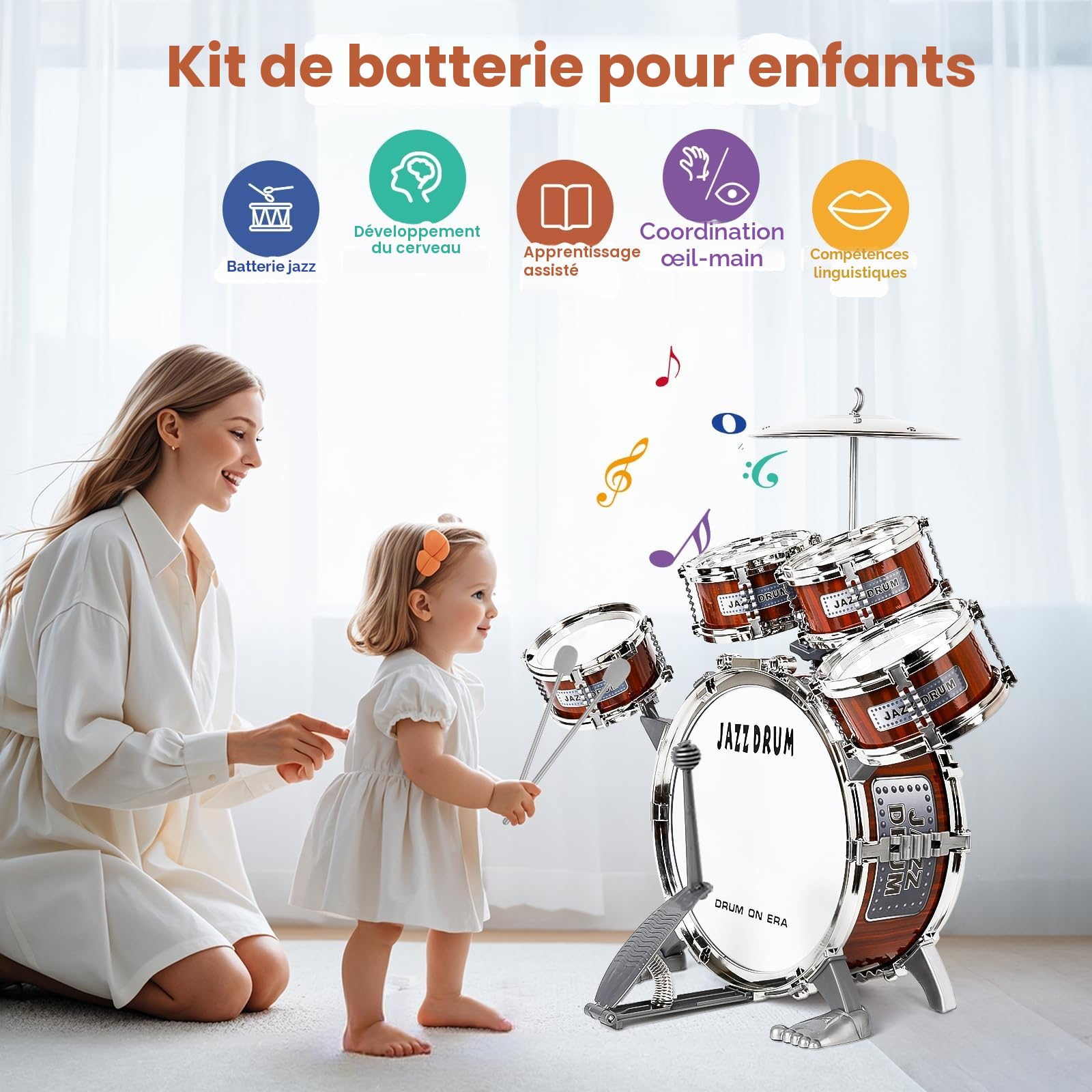 Batterie Enfant 5 Tambours avec Tabouret, Jazz Drum Instrument dès 3 Ans