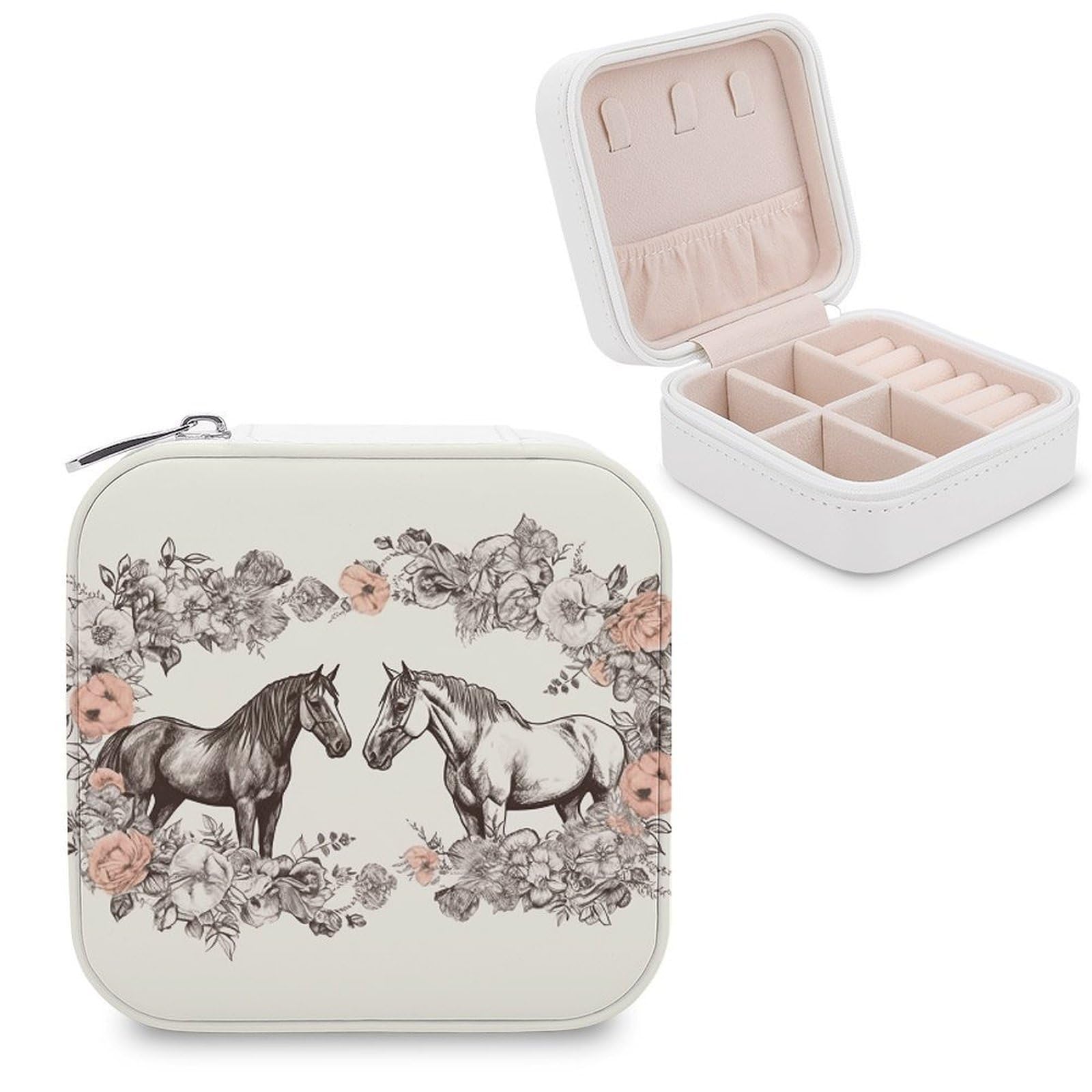 VstaDank Flowers And Horses Hand Drawn Jewelry Box for Women Custom Travel Jewelry Case Personalized Travel Jewelry Boxes Small Portable Jewelry Organizer Box for Rings Necklaces Bracelets Earring