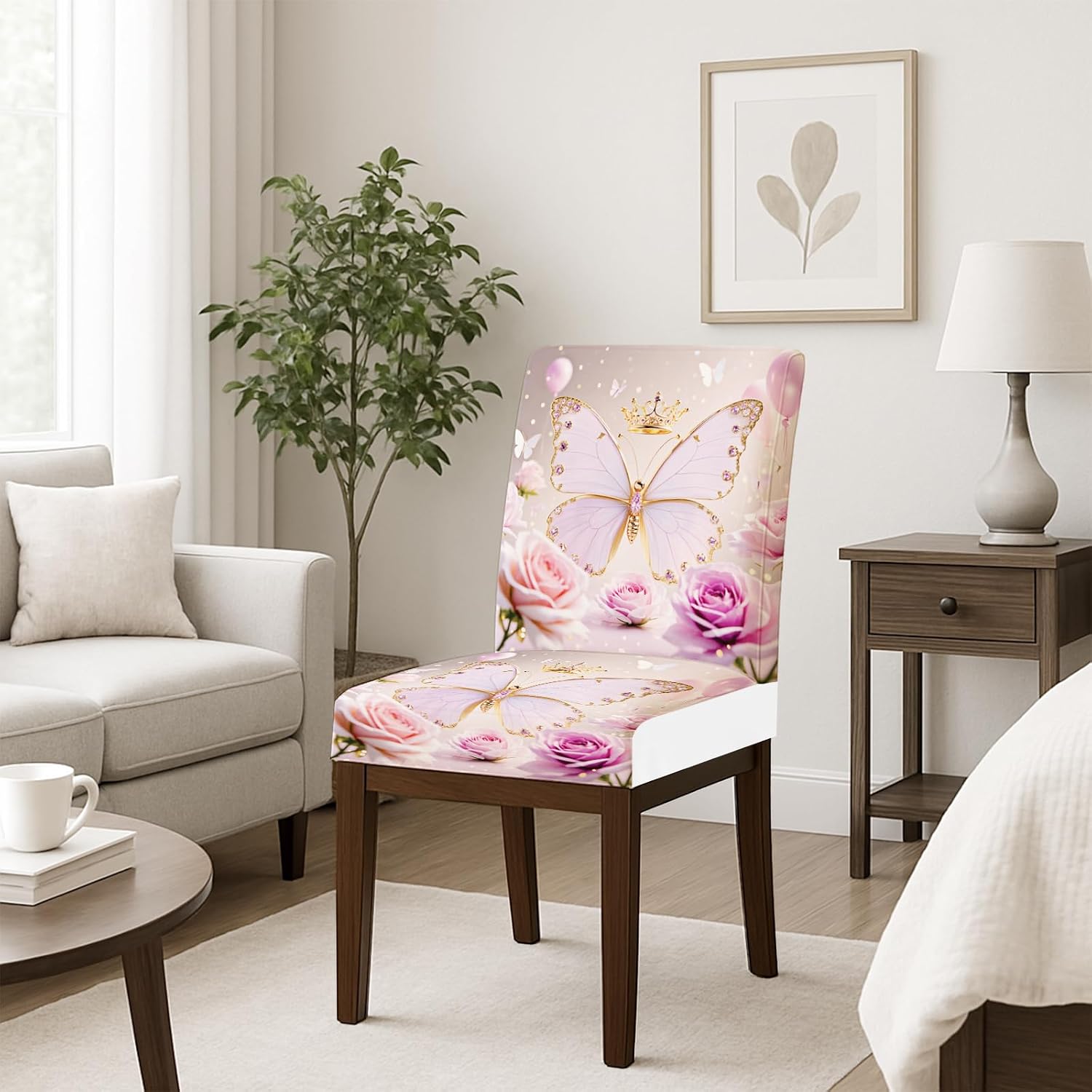 HOMETITUTE High Stretch Chair Covers for Dining Chairs Washable Dining Chair Covers Set of 4 Soft Kitchen Seat Cover Lavender Jeweled Butterfly Rose for Home Hotel Restaurant Banquet