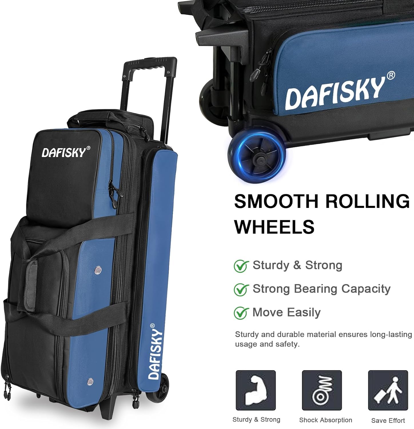 DAFISKY 3 Ball Bowling Bags with Wheels, Roller Bowling Bag with Multiple Pockets Retractable Handle Extends to 38‘’