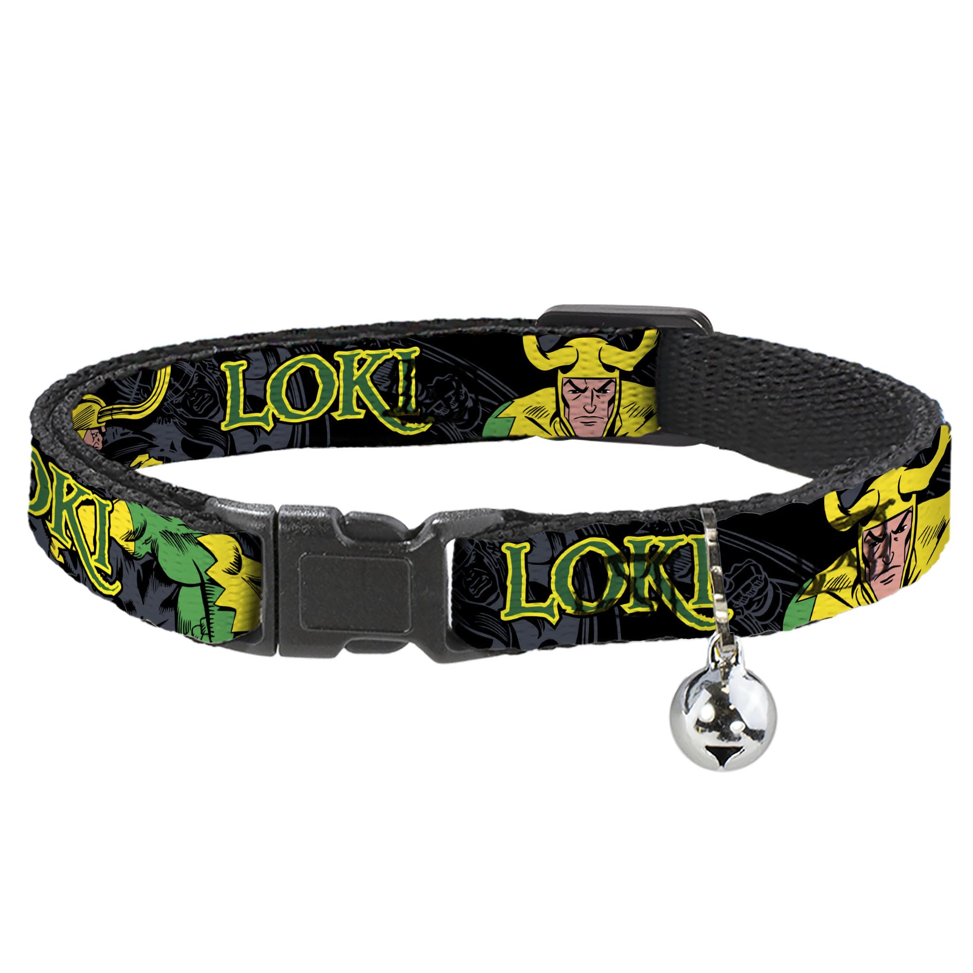Cat Collar Breakaway Loki In Action Black Gray Yellow Green 8 to 12 Inches 0.5 Inch Wide