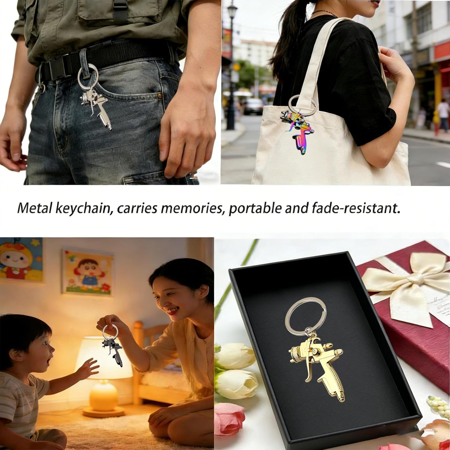 MATIHAY 4Pcs Mini Spray Paint Gun Keychain Pack, Metal Keychain for Men Women Pocket & Bag Purse Decorative Keyring Accessory