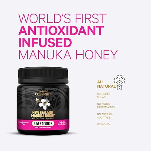 Miniatura 5 de FREZZOR Premium Raw Manuka Honey Nueva Zelanda con UAF1000+ perfecto ritual de bienestar diario, superalimentos, 4 tarros (8.82oz por frasco)