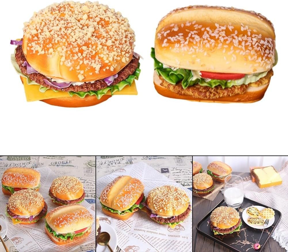 Artificial Burger Model PU Fake Bread Decoration, Realistic Simulation Hamburger Prop for Bakery Display, Market Stall, DIY Craft Shop and Kitchen Décor, Role P（Cheese Beef)