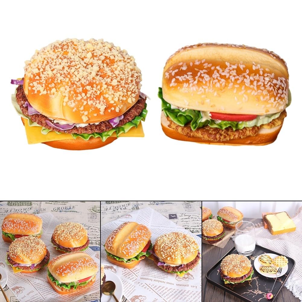 Artificial Burger Model PU Fake Bread Decoration, Realistic Simulation Hamburger Prop for Bakery Display, Market Stall, DIY Craft Shop and Kitchen Décor, Role P（Cheese Beef)