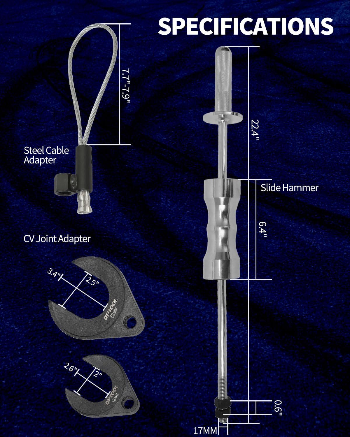 DPTOOL Inner CV Joint Puller Slide Hammer Front Wheel Drive Axle Half Shaft Removal Tool Kit Heavy Duty 10 Pounds Slide Hammer 63mm 48mm CV Joint Fork Adapter Attachments