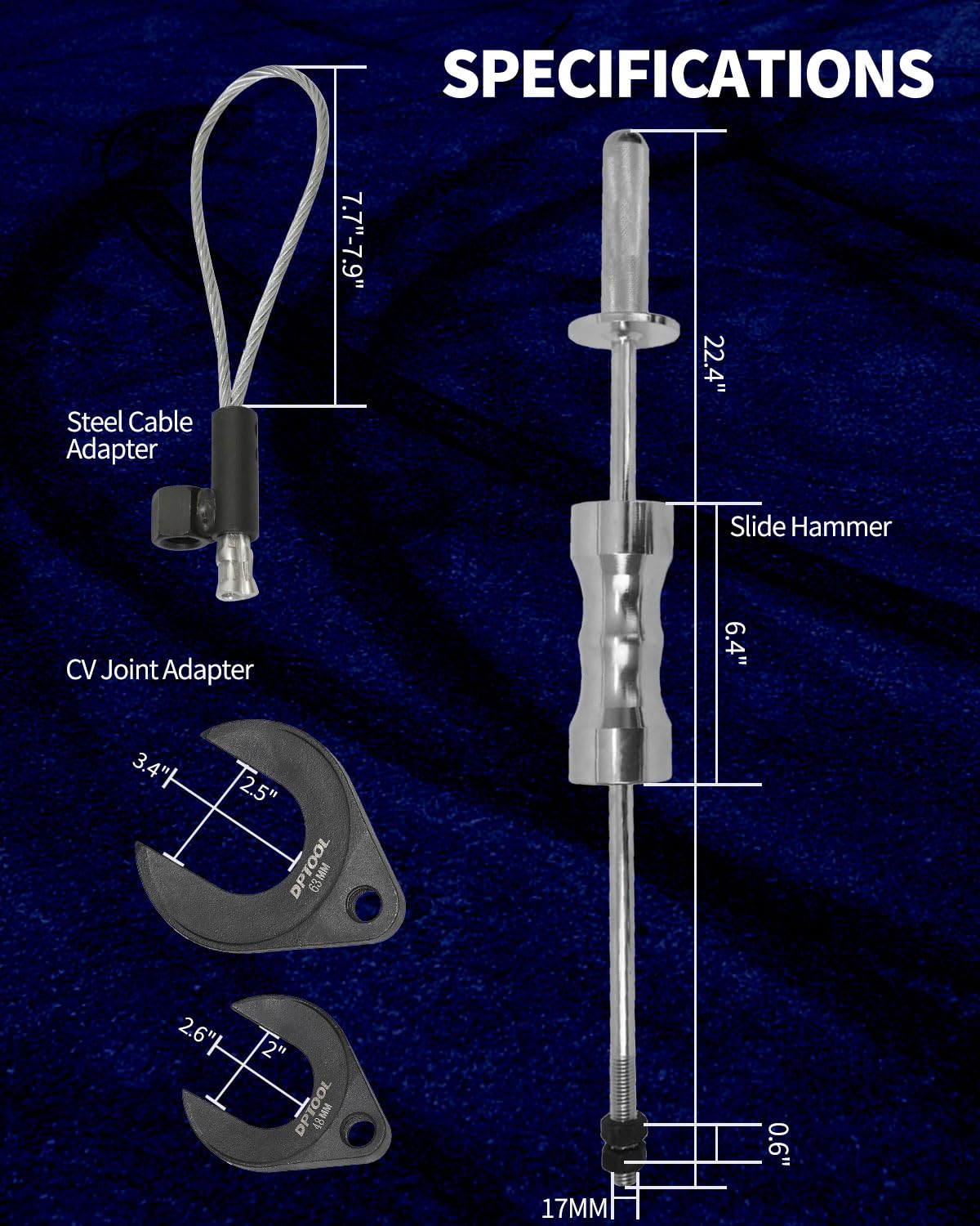 DPTOOL Extracteur de joint homocinétique intérieur marteau à glissière roue avant essieu moteur demi-arbre robuste 10 livres marteau à glissière 63mm 48mm joint CV adaptateur de fourche pièces jointes