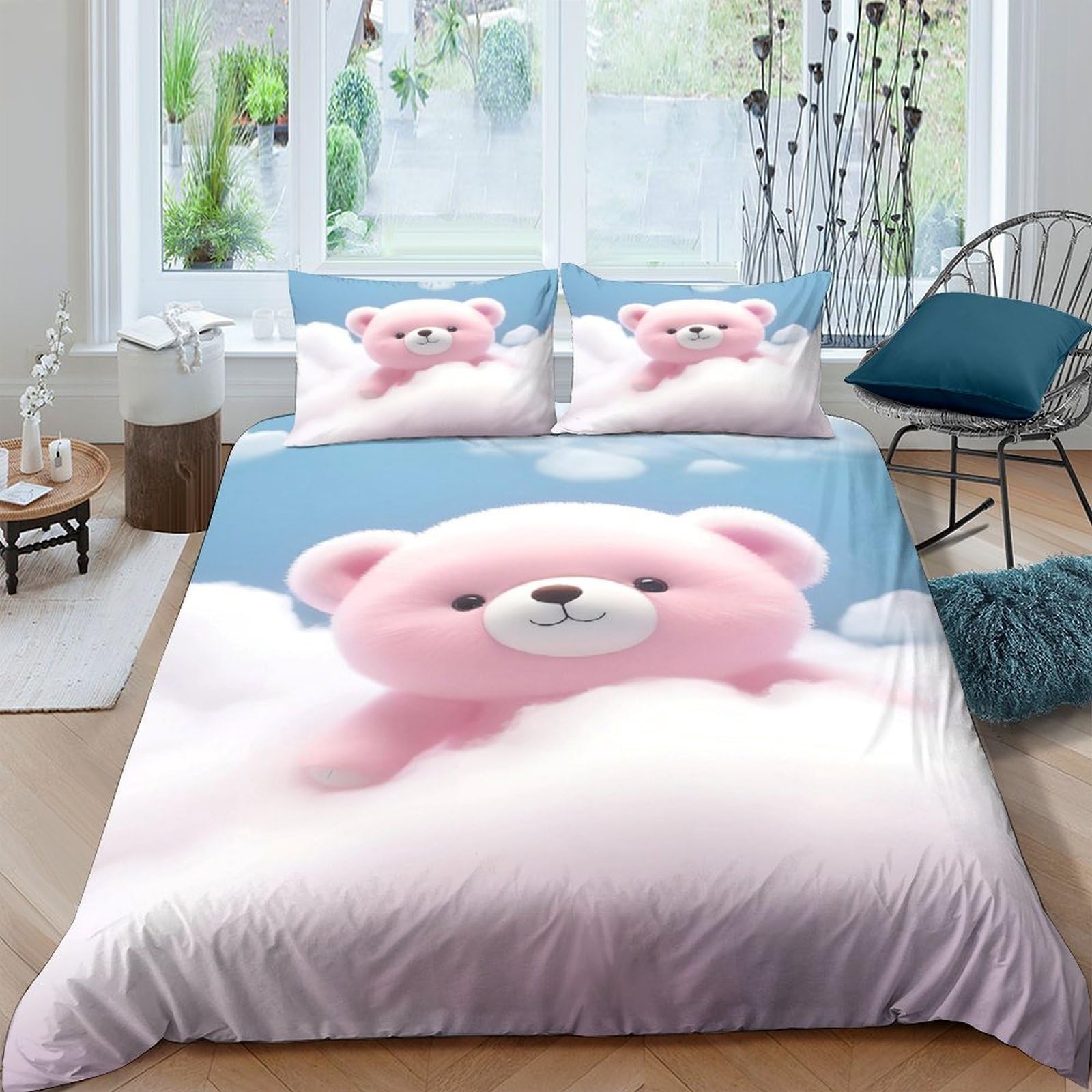 Ctjqhvkz Style-8 3D Printed Pink Teddy Bear Fitted Sheet Microfiber Soft Breathable Cloud Theme Mattress Cover For Bedroom Dorm Decor Single（135X200cm）