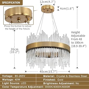 Modern Crystal Chandelier Gold Pendant Light Fixtures, Small Crystal Hanging Lamp for Entryway, Corridor, Balcony, Porch, Restaurant, Door Opening, D40cm [Energy Class E]