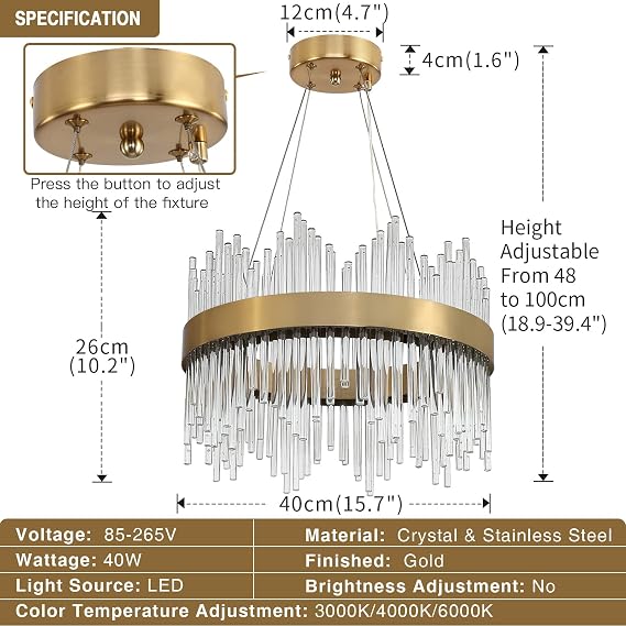 Modern Crystal Chandelier Gold Pendant Light Fixtures, Small Crystal Hanging Lamp for Entryway, Corridor, Balcony, Porch, Restaurant, Door Opening, D40cm [Energy Class E]