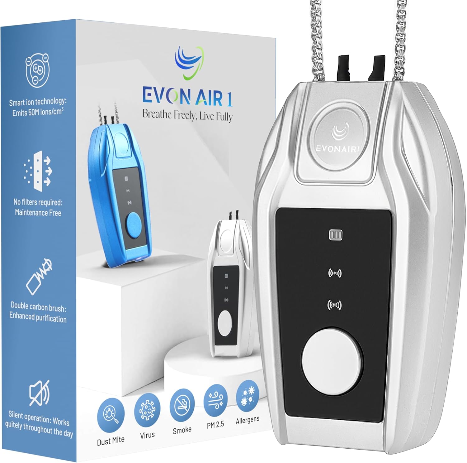 Purificateur d'air portable pour voyager avec 50 m d'ions/cm³ | Mini collier ioniseur portable, sans filtre, sans entretien | Purificateur d'air personnel, petit, rechargeable de 500 mAh, 120h d'autonomie, certifié CE RoHS FCC