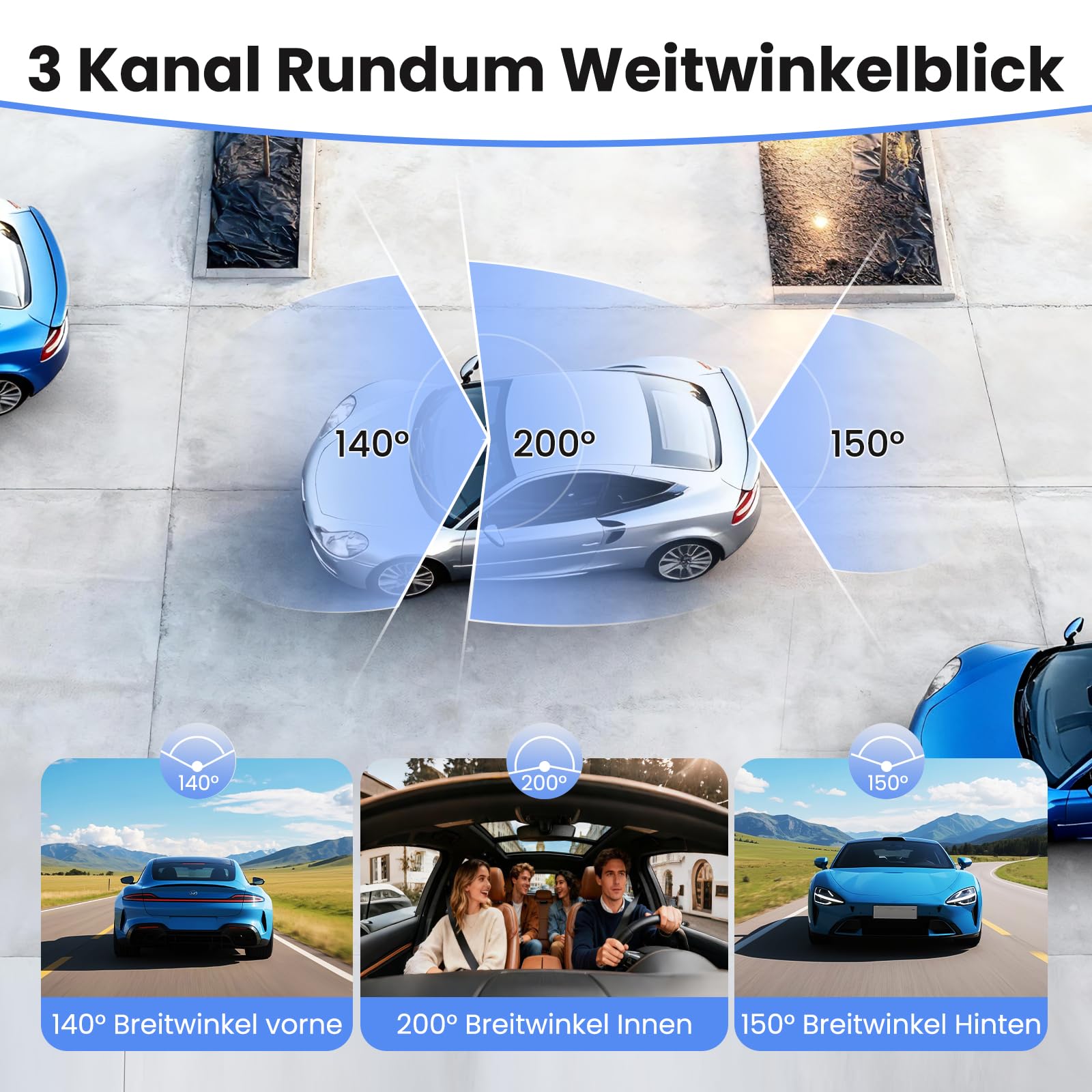 Dashcam Auto Vorne Hinten 4K+1080P mit GPS WiFi,3 Channel 1080P Dash Cam Auto Kamera 3,16" IPS Bildschirm,Kostenlose 64 GB Karte,Nachtsicht,G Sensor,Loop-Aufnahme,200°Weitwinkel WDR,Parküberwachung
