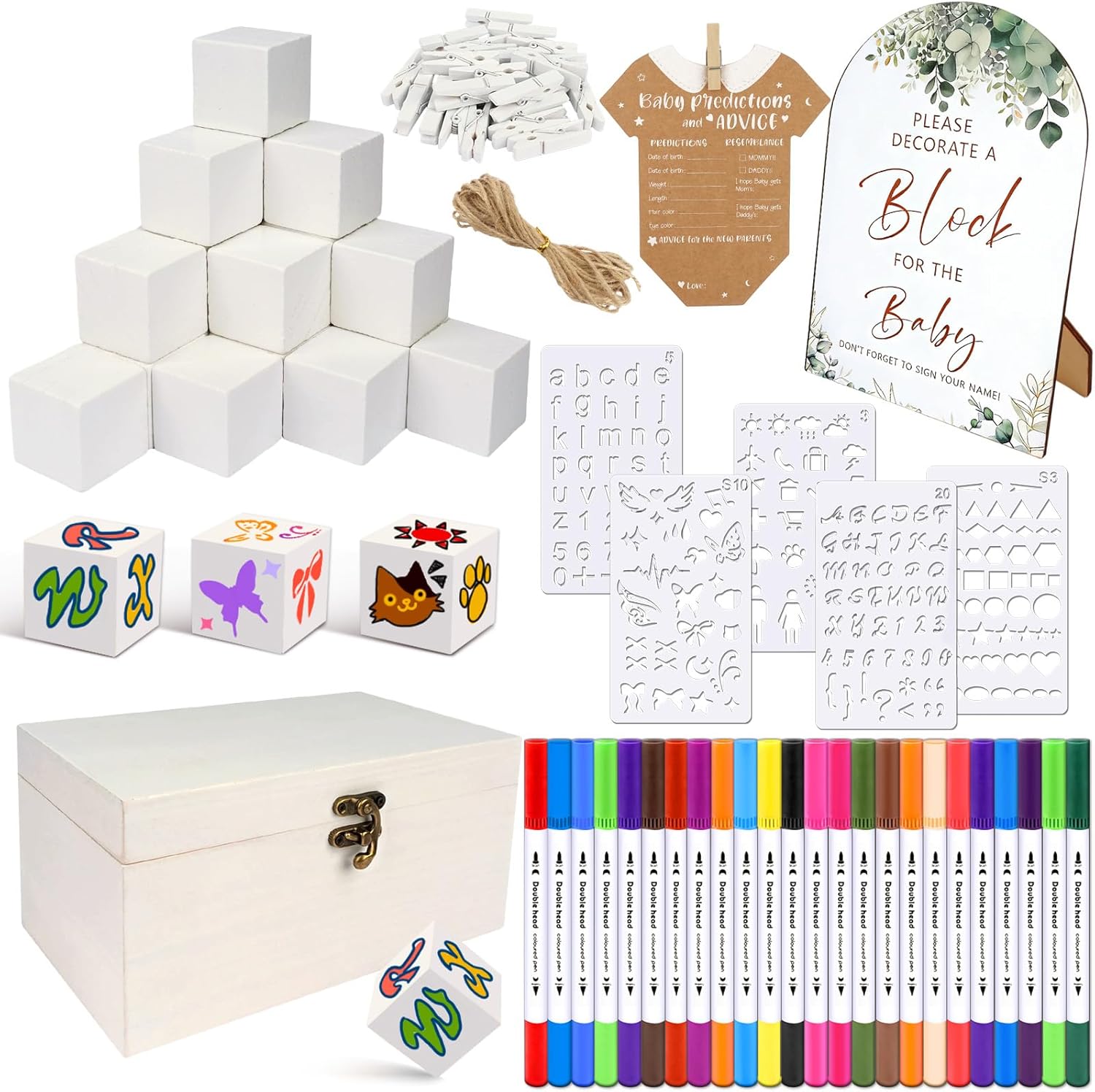 Fayoo 134 Pcs Wood Blocks to Decorate, Wood Games Kit with Wooden Blocks Prediction and Advice Card Clothes Pins Storage Box Game Sign Markers(White)