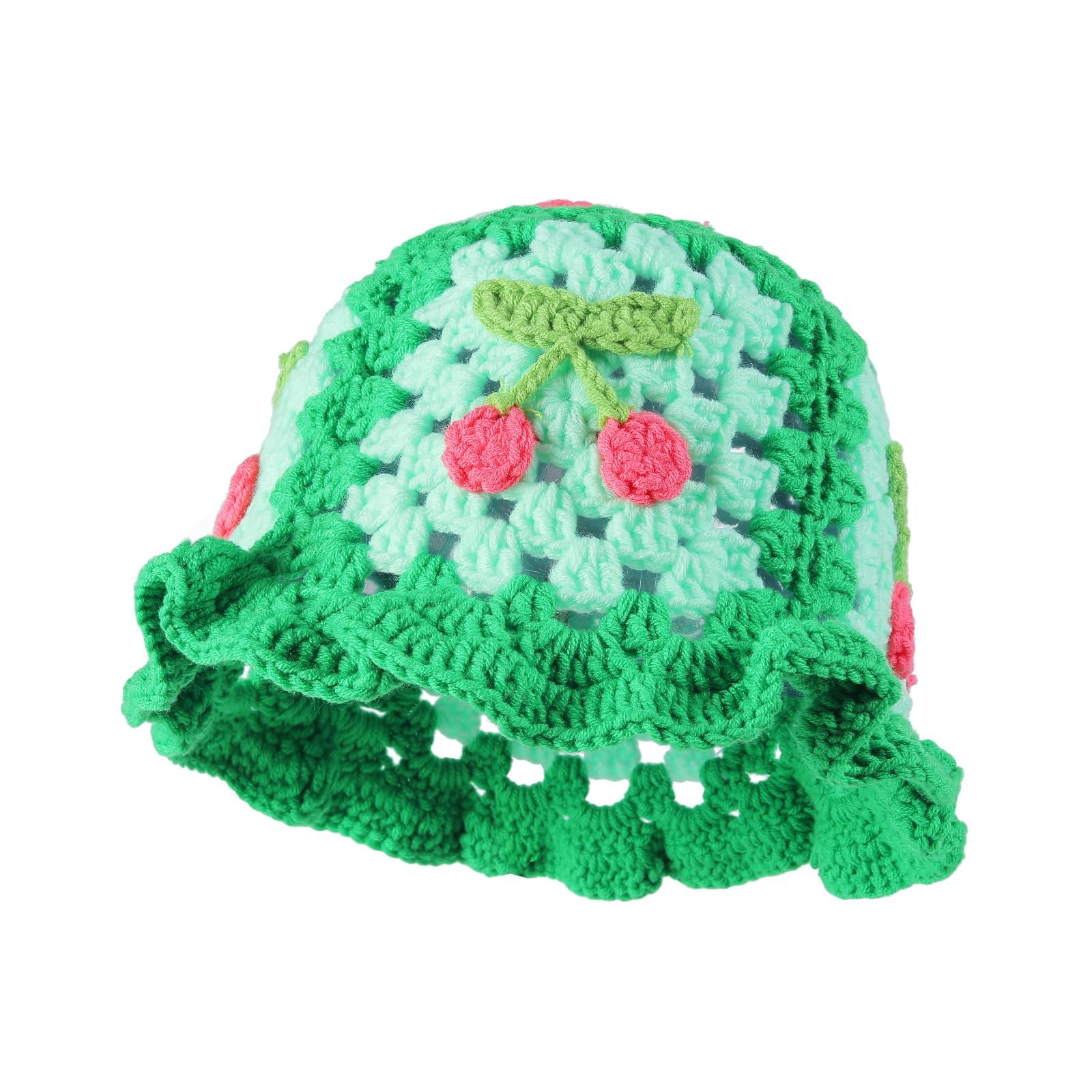 Fiewmay Crochet Bucket Hat for Women Handmade Floral Hat Portable Knitted Elastic Cute Beach Hat for Vacation Traveling