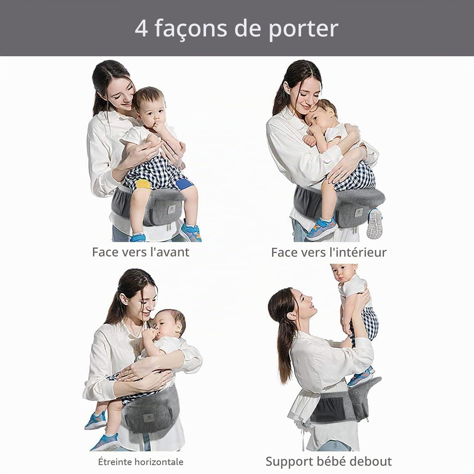 Bebamour Porte-bébé Hipseat 0-36 mois, tabouret de taille avec support dorsal léger et réglable, porte-bébé 3 en 1 siège bébé à tout-petit(New Light Grey)