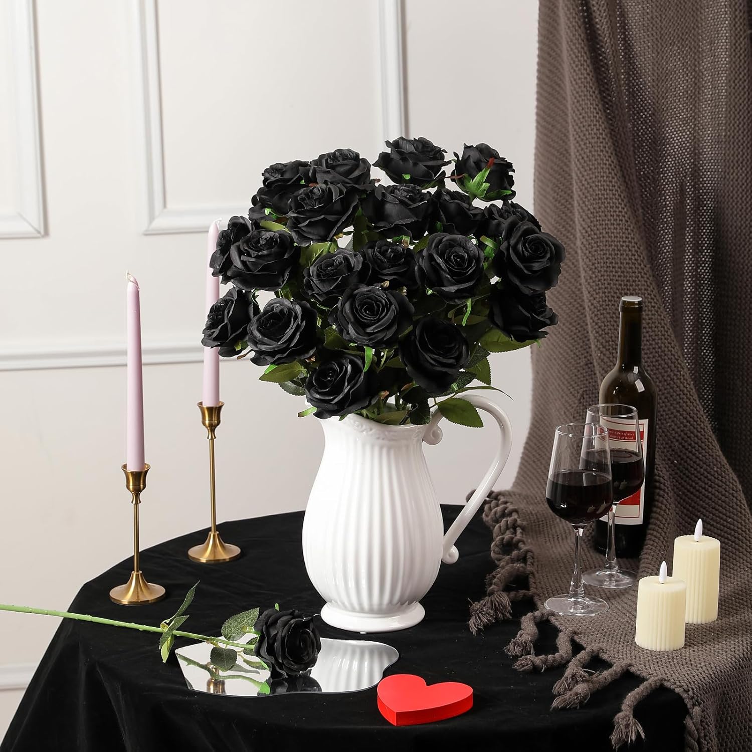 Nubry 24pcs Artificial Black Roses, Fake Silk Roses Flower with Long Stems, Realistic Flowers for Bridal Wedding Party Table Centerpiece Home Decor