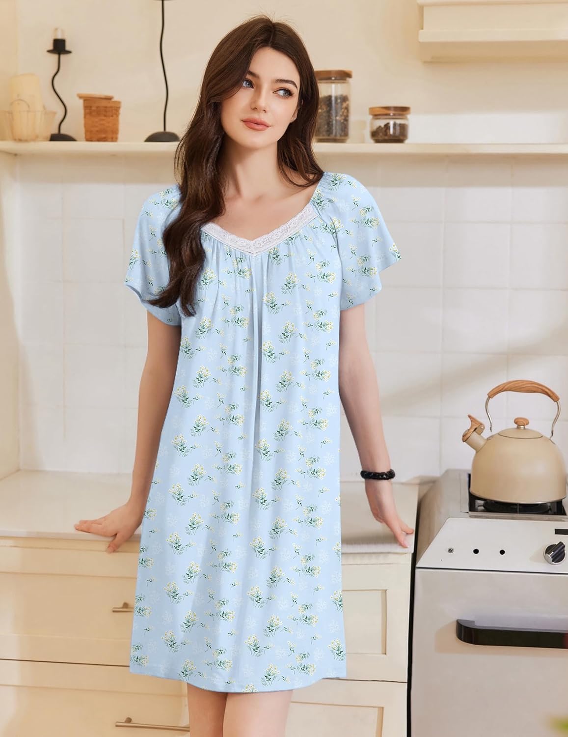 Ekouaer Womens Nightgown Lace Trim V Neck Sleep Shirt Flare Short Sleeve Night Gown Pleated Nightshirt Ladies Nightdress - Image 3