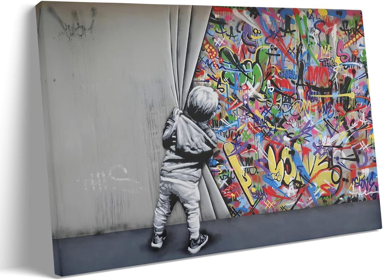 MGSBCXN Colorful Graffiti Banksy Canvas Wall Art Poster Prints A Kid Boy Behind The Curtain Picture Artwork Abstract Street Graffiti Art Wall Decor Bedroom Living Room Office Decoration - 12x18 Inch image 2