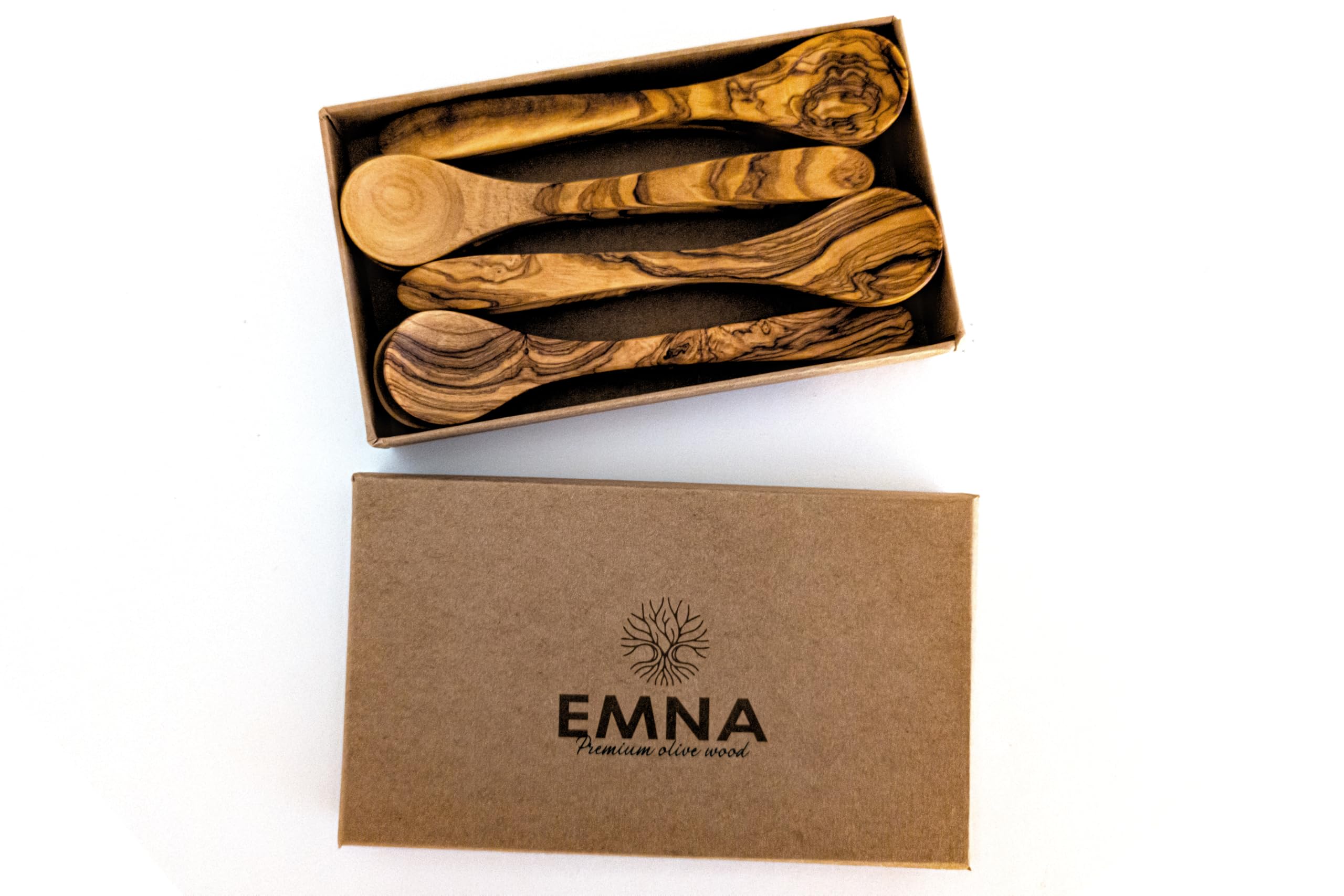 EMNA - Drewno oliwkowe 8 x łyżka 14 cm, łyżka do przypraw, łyżka deserowa, łyżeczka do kawy, łyżeczka do herbaty, naturalna, antybakteryjna, wszechstronna, pomysł na prezent do kuchni, smakoszy, w