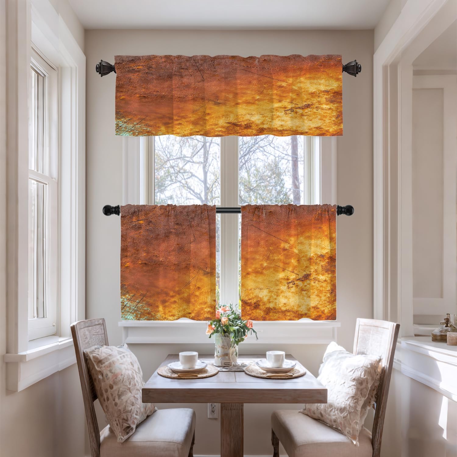 Bronze Art Texture Cafe Curtains 36 Inch Length, Texture Copper Sheet Marble Orange Blackout Tier Curtain Multilayer Polyester Short Kitchen Drapes 2 Pack 36X26 Inches