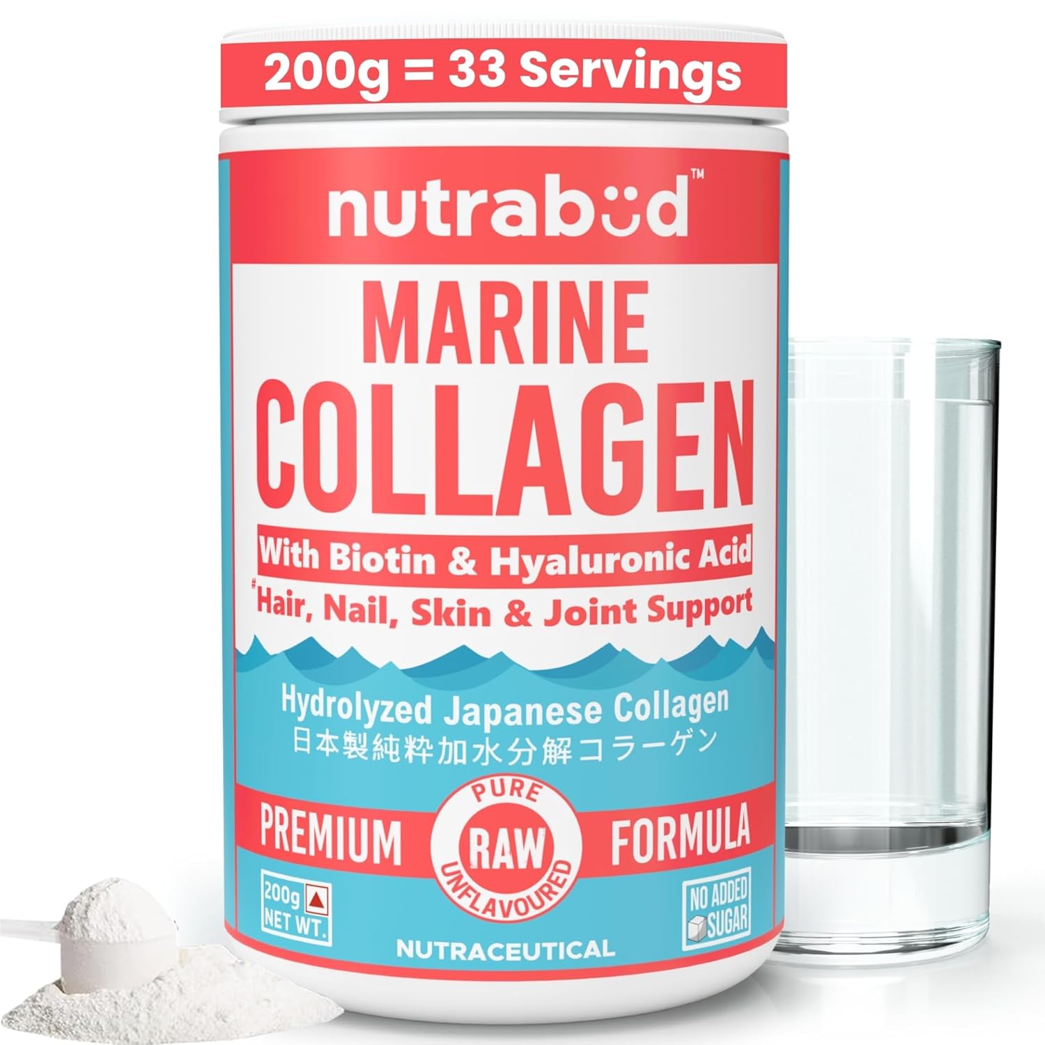 Nutrabud Japanese Marine Collagen Powder Supplement for Women,Men|No Added Sugar|Supports Skin Radiance,Healthy Hair,Nails & Joints|Hydrolyzed Collagen Peptides (Unflavoured,200 grams)